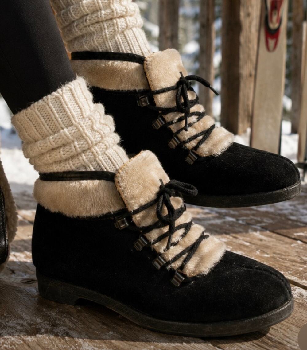 Vintage 70s Yodelers Aspen Black Suede Faux Fur Apres Ski Snow Ankle Boots 7